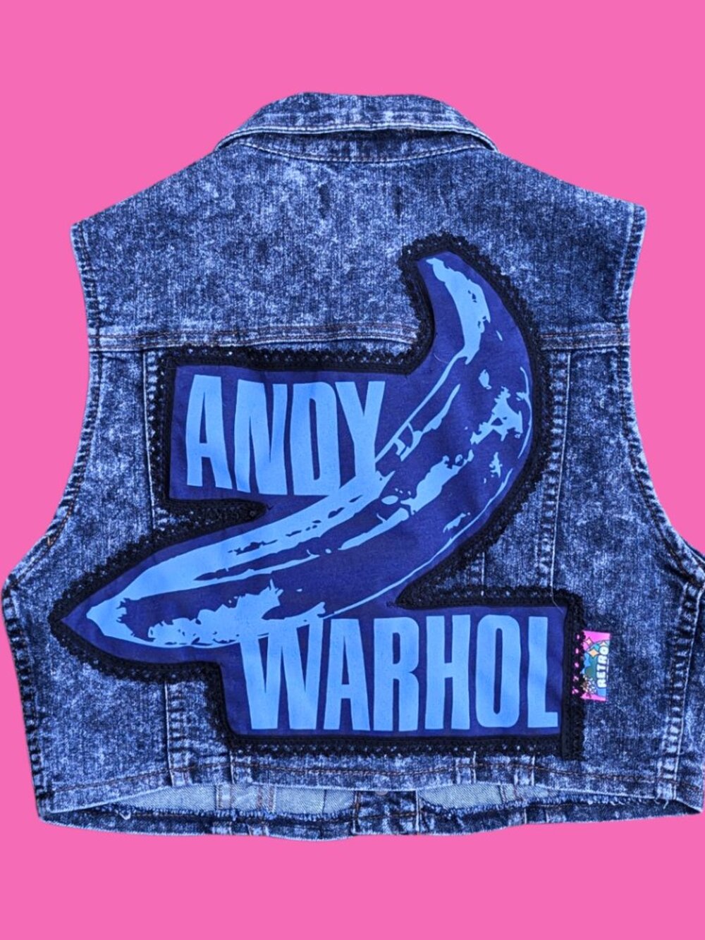 Andy Warhol Upcycled T-Shirt Sleeveless Denim Jacket Size L (Smaller Fit)